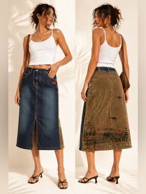 Y2K DKNY Denim Faux Suede Midi Skirt Statement Archive Style Sz XS